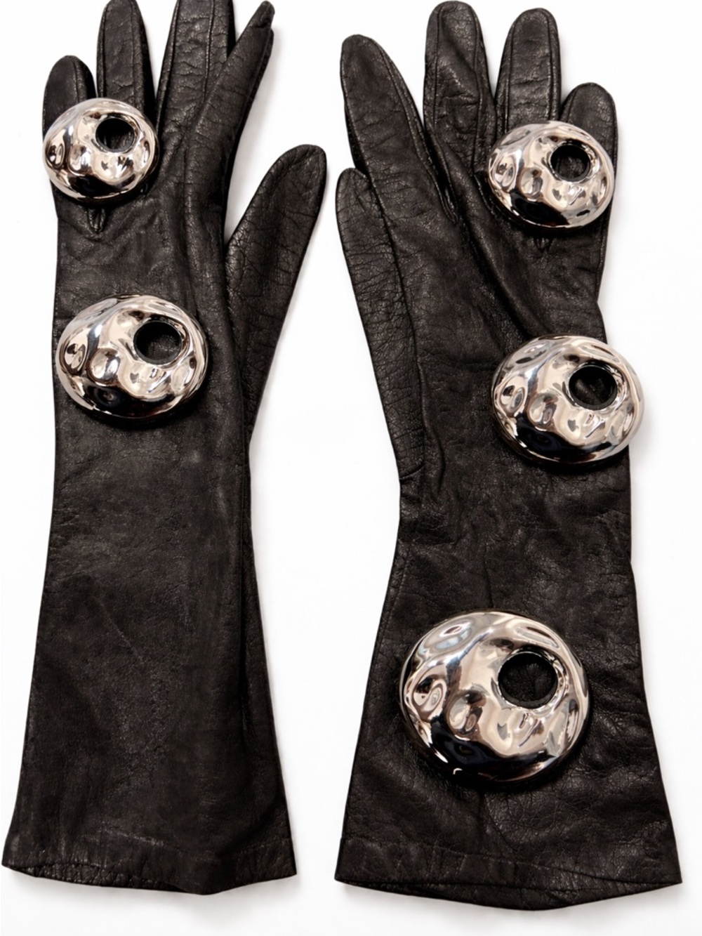 Black Leather Opera Gloves with Silver Orb Accents